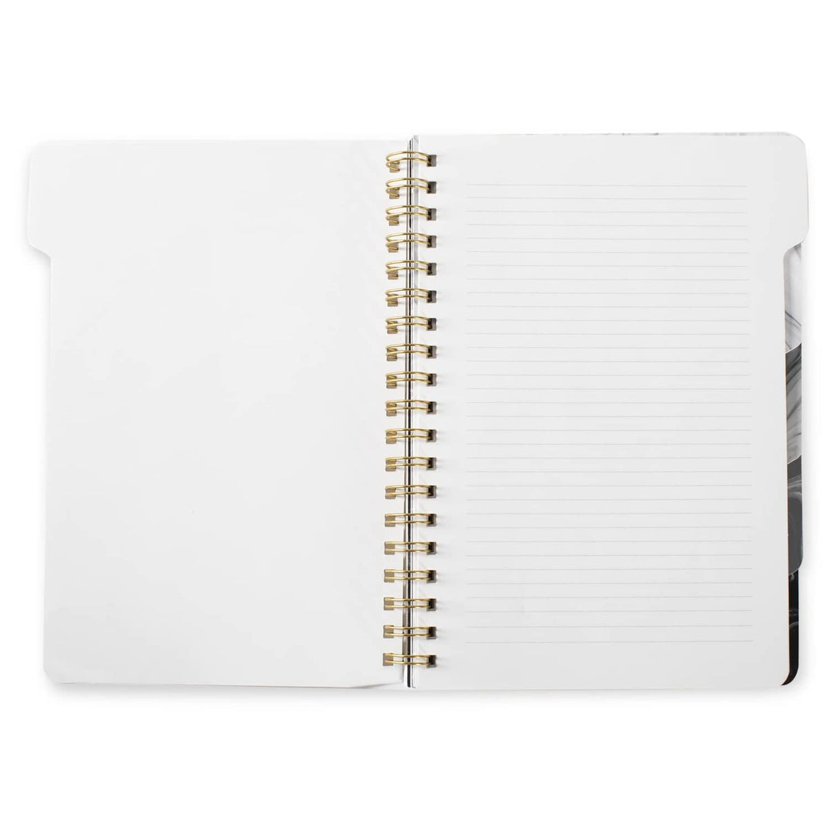 Large tab notebook opened to lined pages, gold spiral binding visible