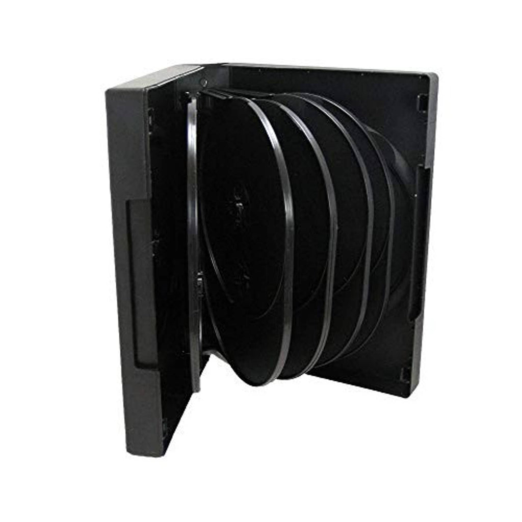 Black CD/DVD/Blu-ray case with five flip trays, showing stacked disc pockets