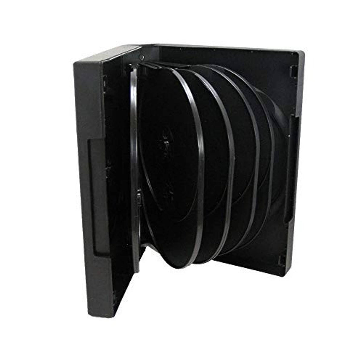 Black CD/DVD/Blu-ray case with five flip trays, showing stacked disc pockets