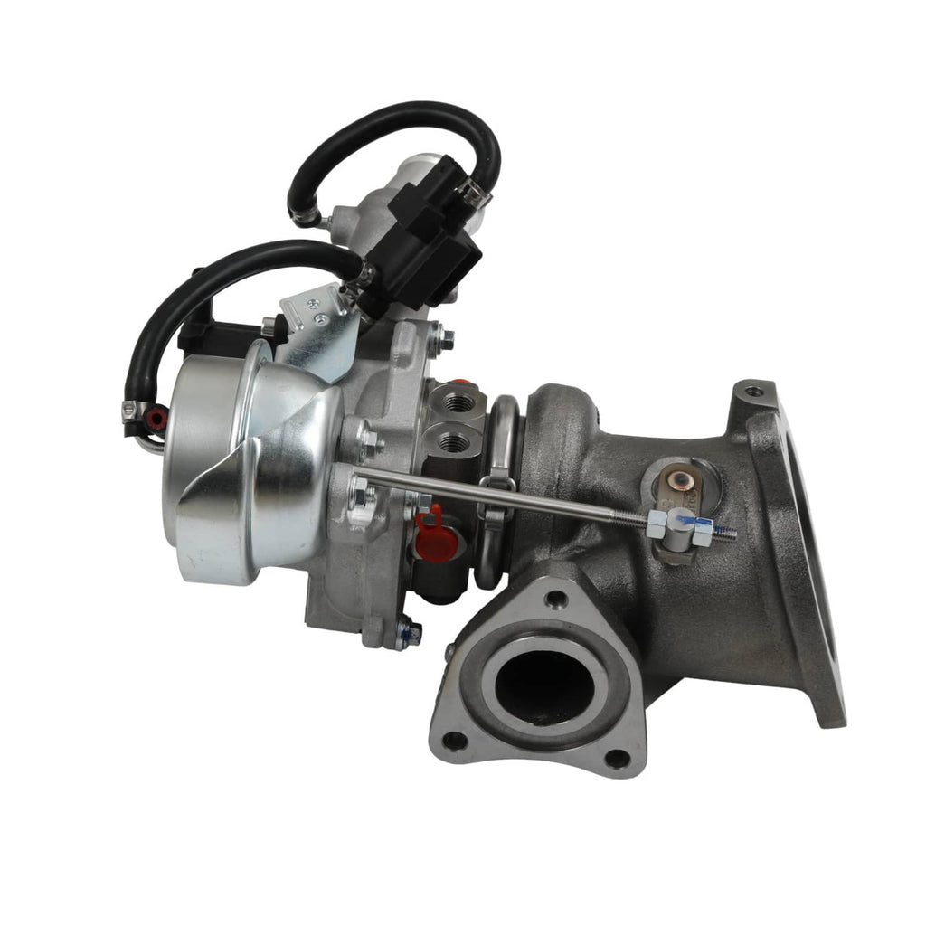 Turbocharger assembly with black hoses, silver actuator, and round inlet flange