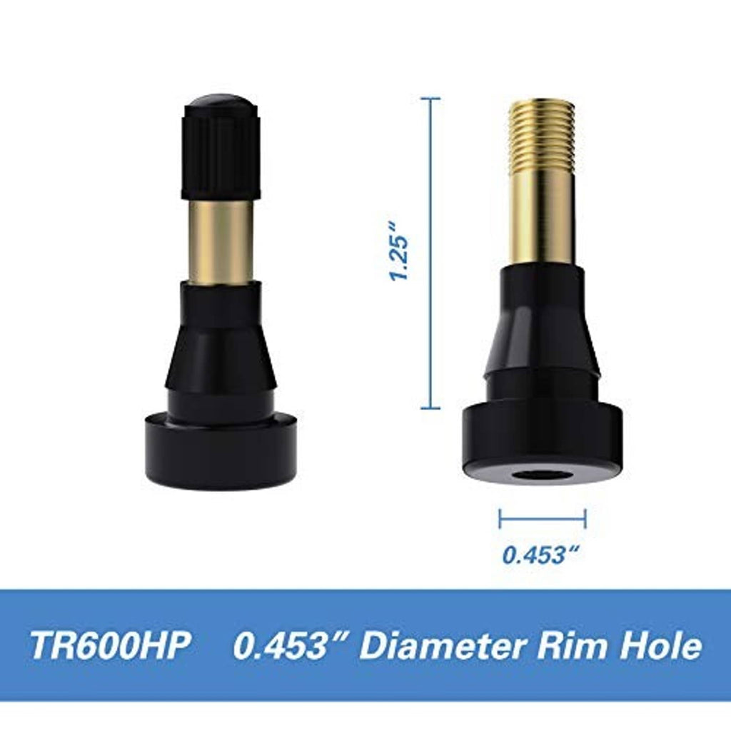 Snap-in tire valve stem pair showing gold brass threads and black rubber snap base
