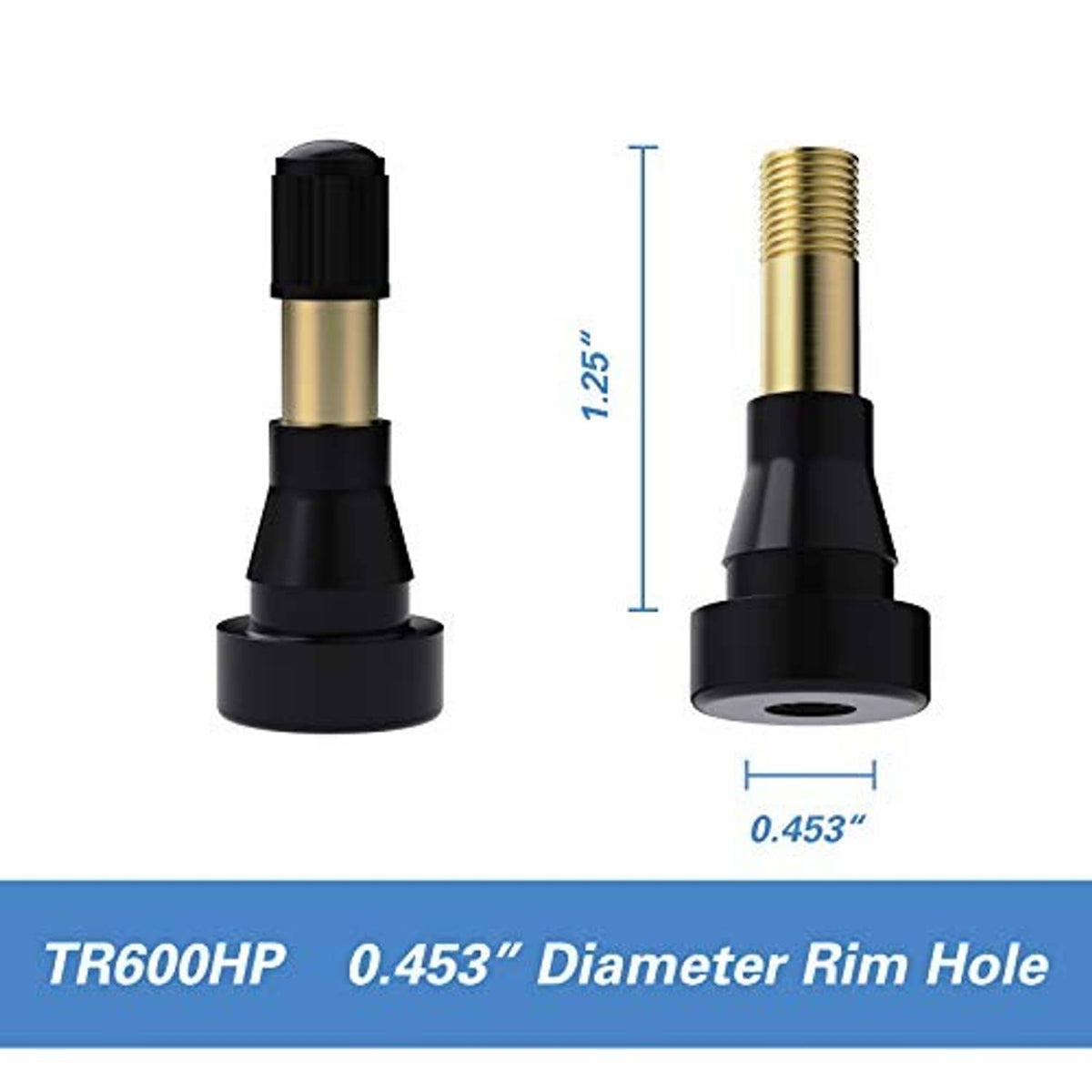 Snap-in tire valve stem pair showing gold brass threads and black rubber snap base