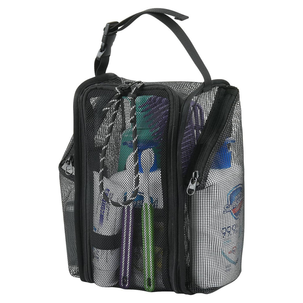 Black mesh shower caddy tote with structured sides, top handle, and front zipper panels