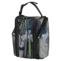 Black mesh shower caddy tote with structured sides, top handle, and front zipper panels