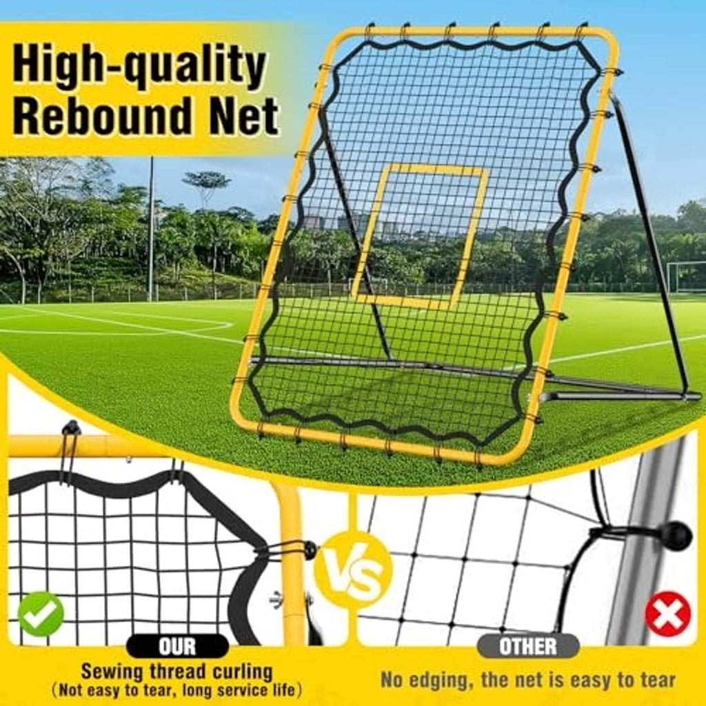 Rebound net with yellow frame and black grid, square target window and ground base