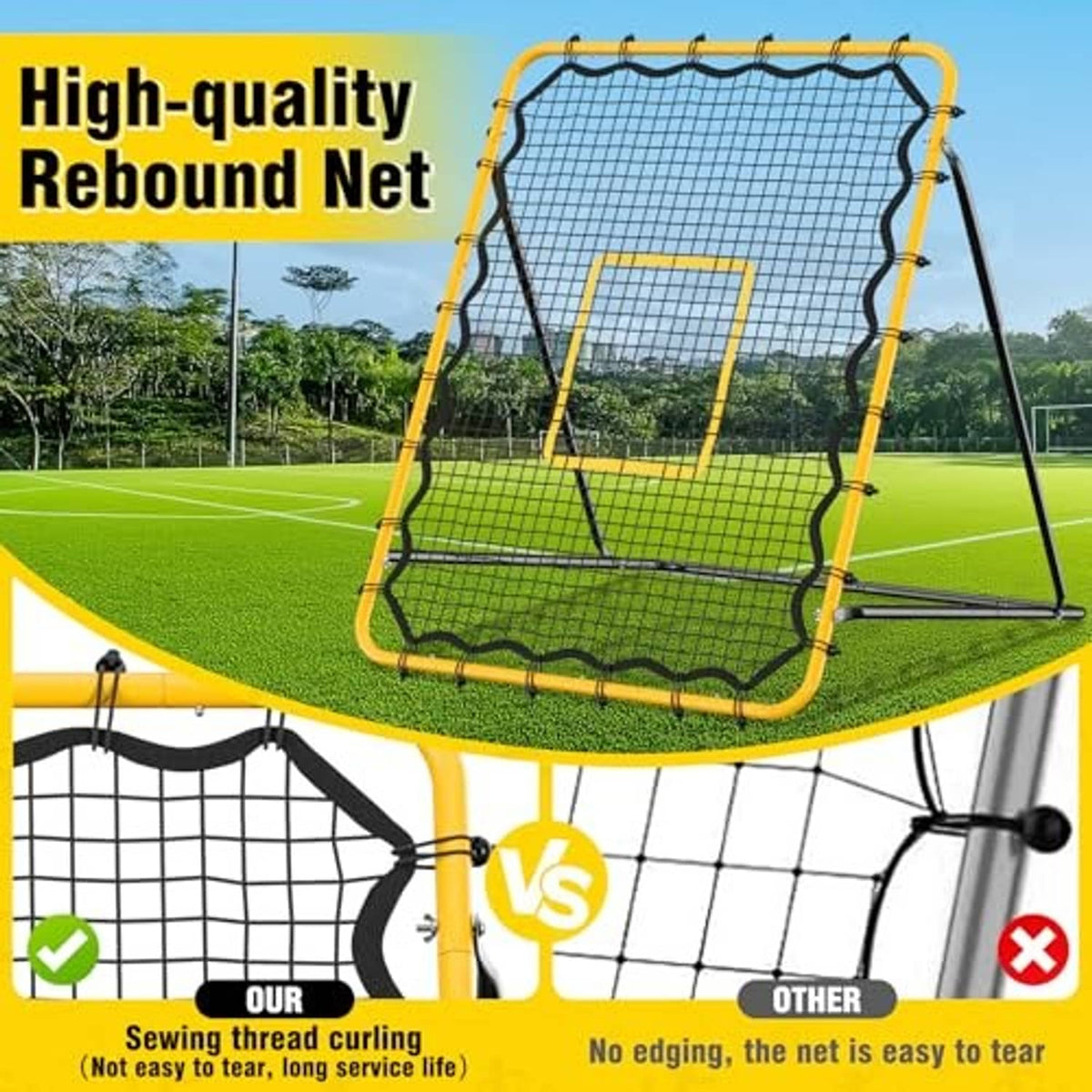 Rebound net with yellow frame and black grid, square target window and ground base