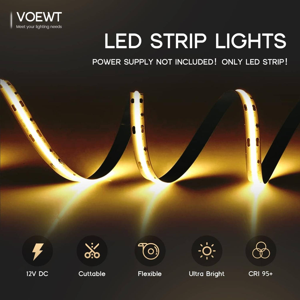 Warm white LED strip lights with two glowing segments, 12V DC design.