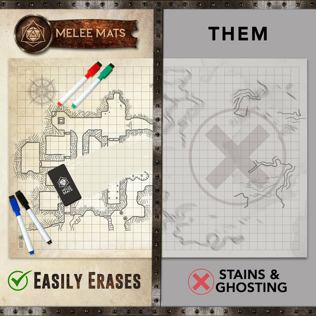 Dry-erase battle map mat with grid artwork and marker marks, easy to erase