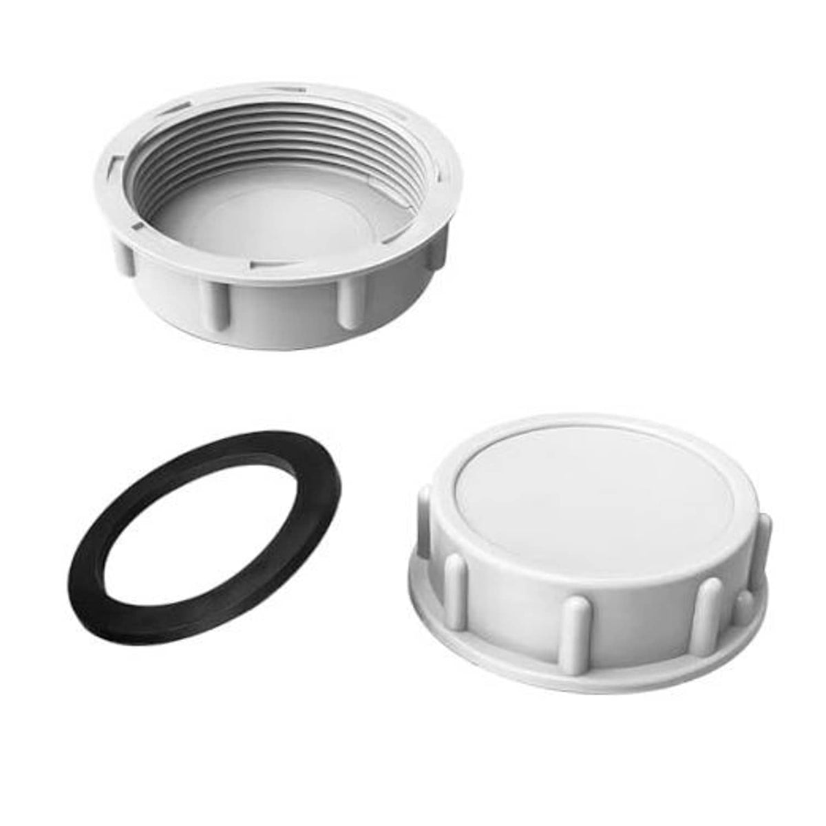 White PVC pipe end cap with female threads and removable round cover, includes black gasket
