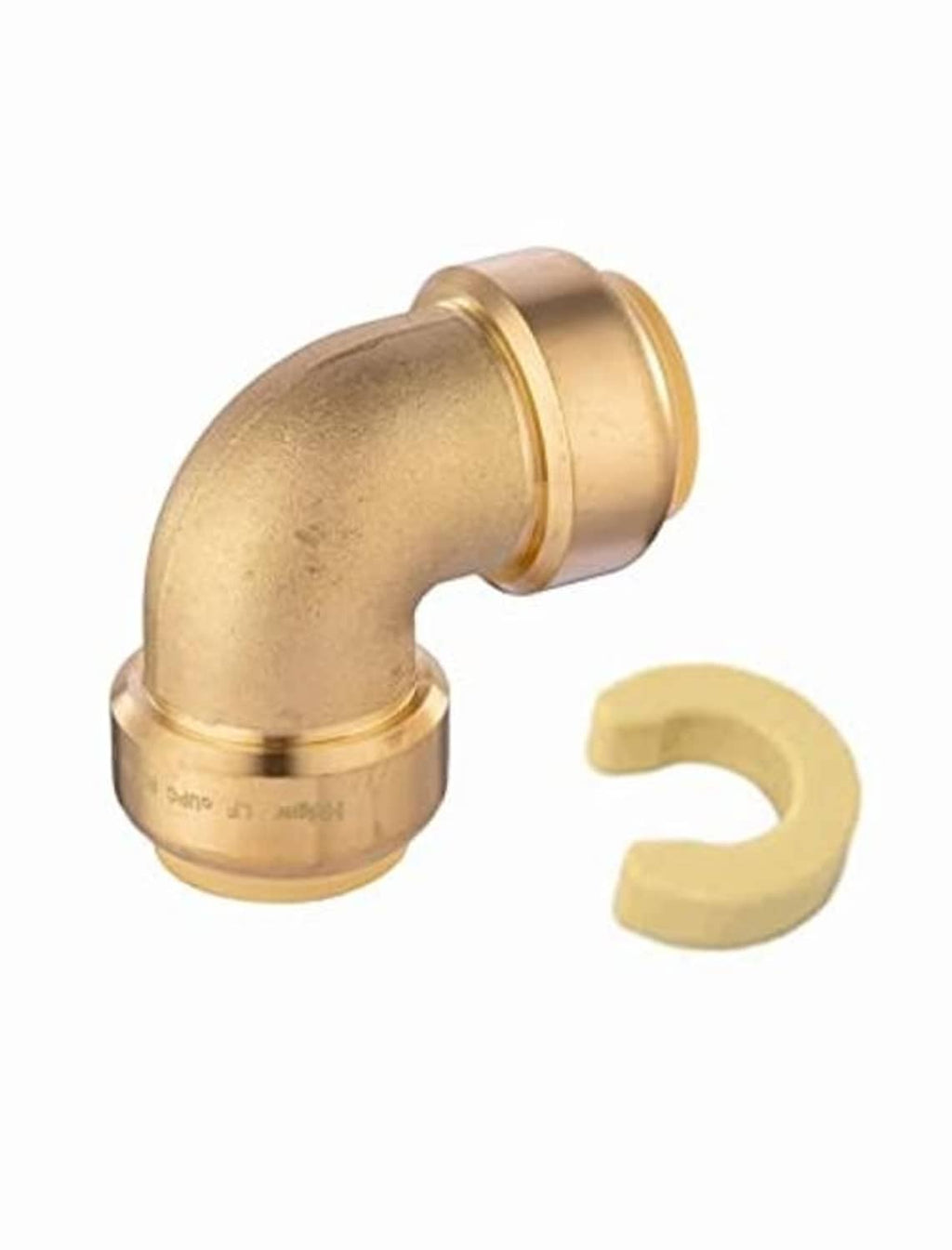 Brass push-fit 90-degree elbow fitting shown at an angle with two push ports