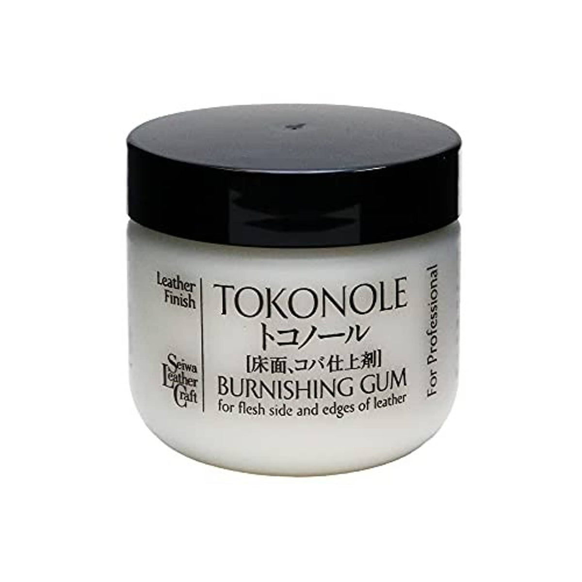 Clear leather polishing gum jar with black lid for finishing leather edges and sides