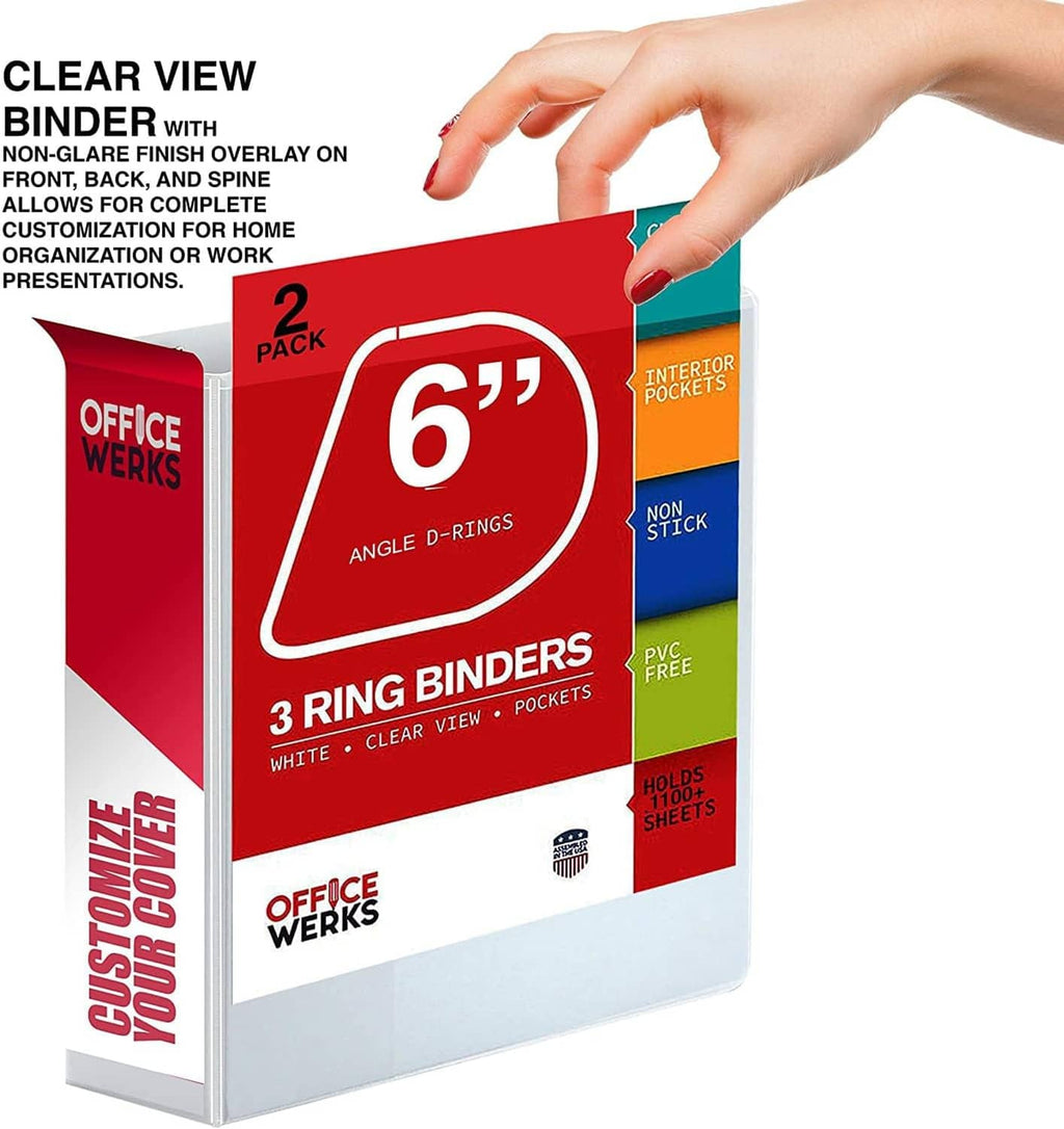 3-ring binder with clear view, non-glare cover, and two interior pockets; 2-pack