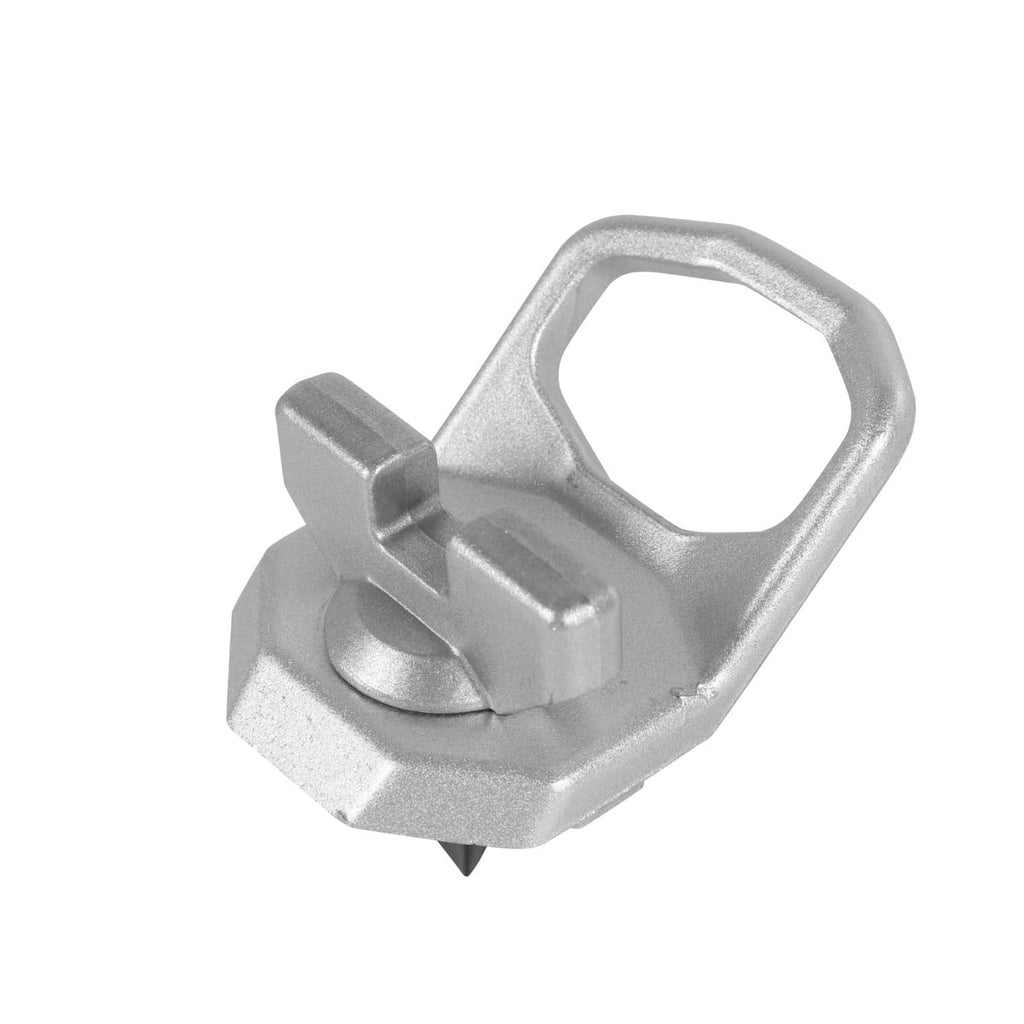 Silver metal D-ring anchor with hinged locking latch, includes mounting screw post
