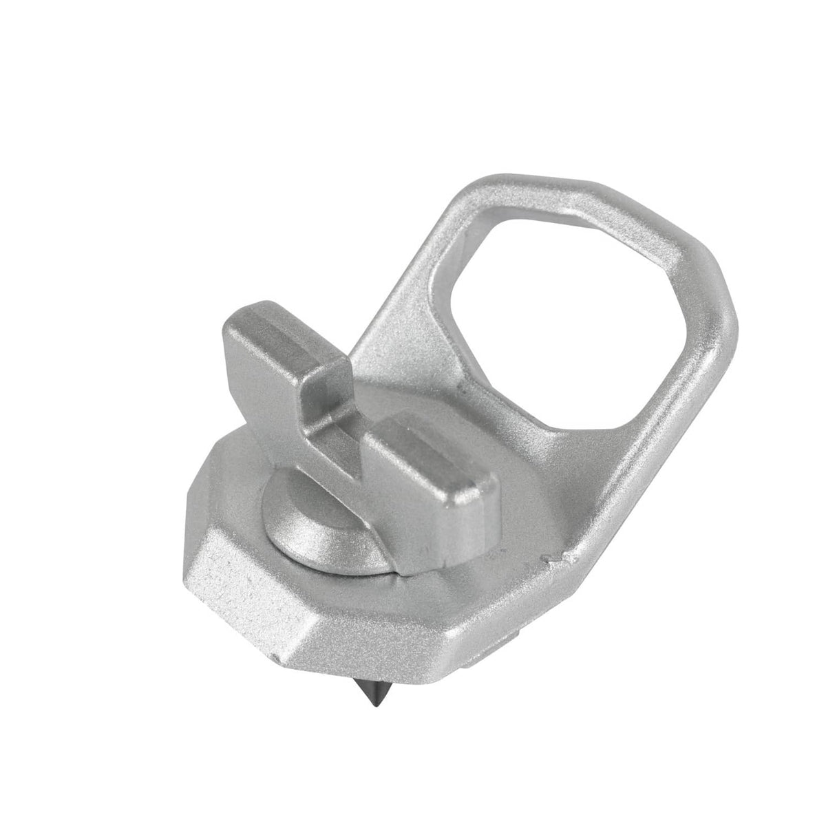 Silver metal D-ring anchor with hinged locking latch, includes mounting screw post