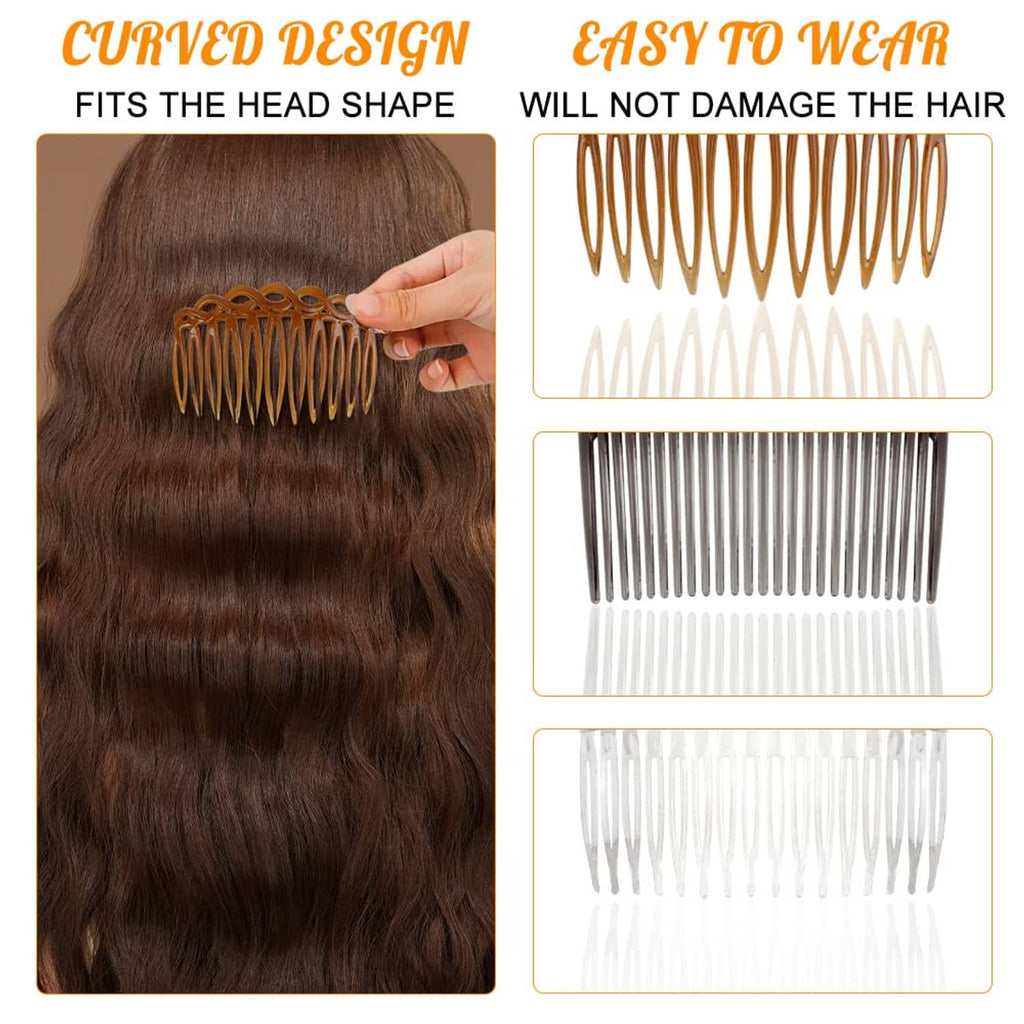 Curved plastic hair side combs with tall teeth, shown for easy styling in brown and white