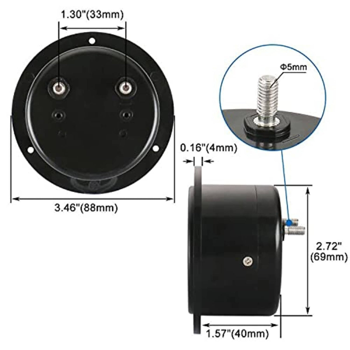 Black analog panel voltmeter dimensions view with mounting studs and back