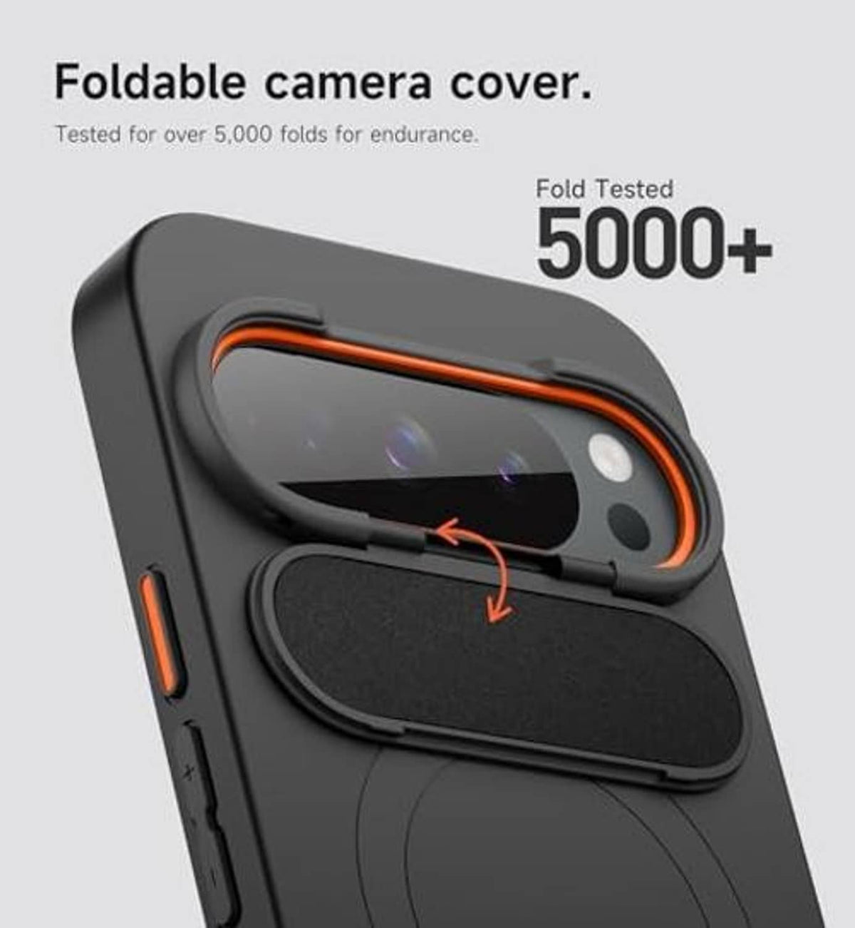 Black Pixel 10/10 Pro case with foldable camera cover over lens opening
