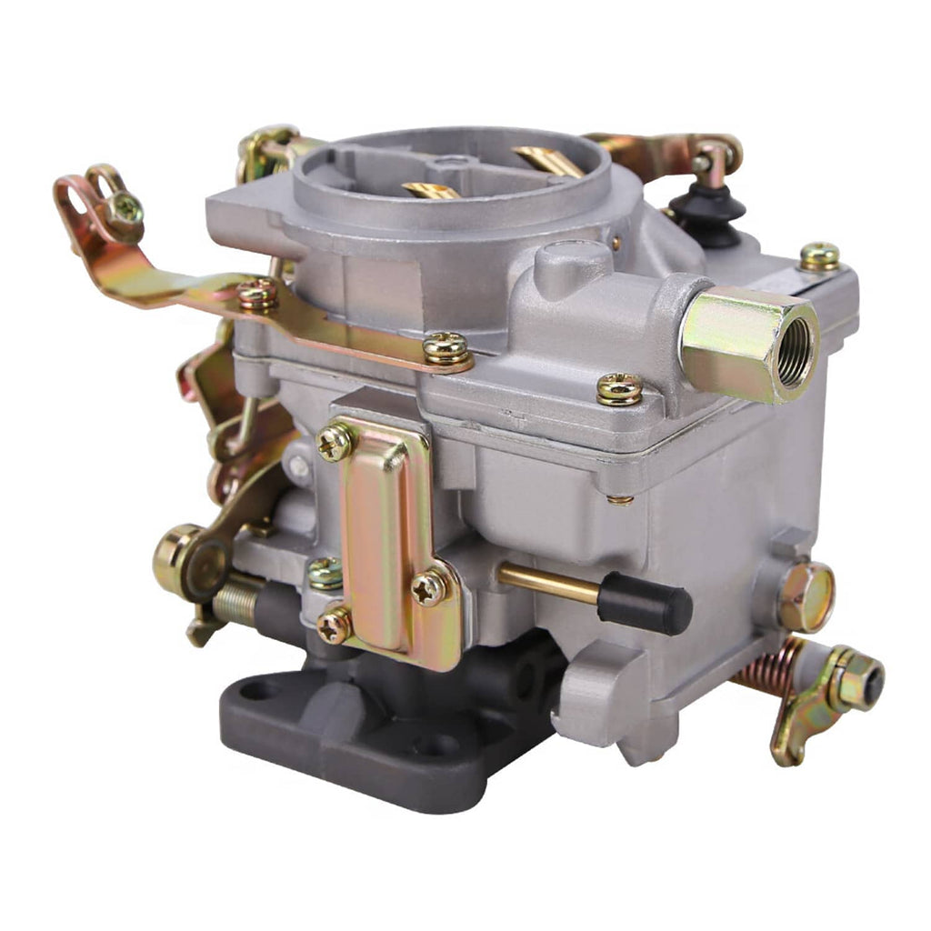 Two-barrel carburetor with intake throat, fuel inlet fitting, and regulator components