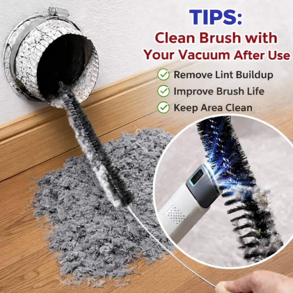 Flexible lint brush pulling gray lint from vent opening with light wood handle