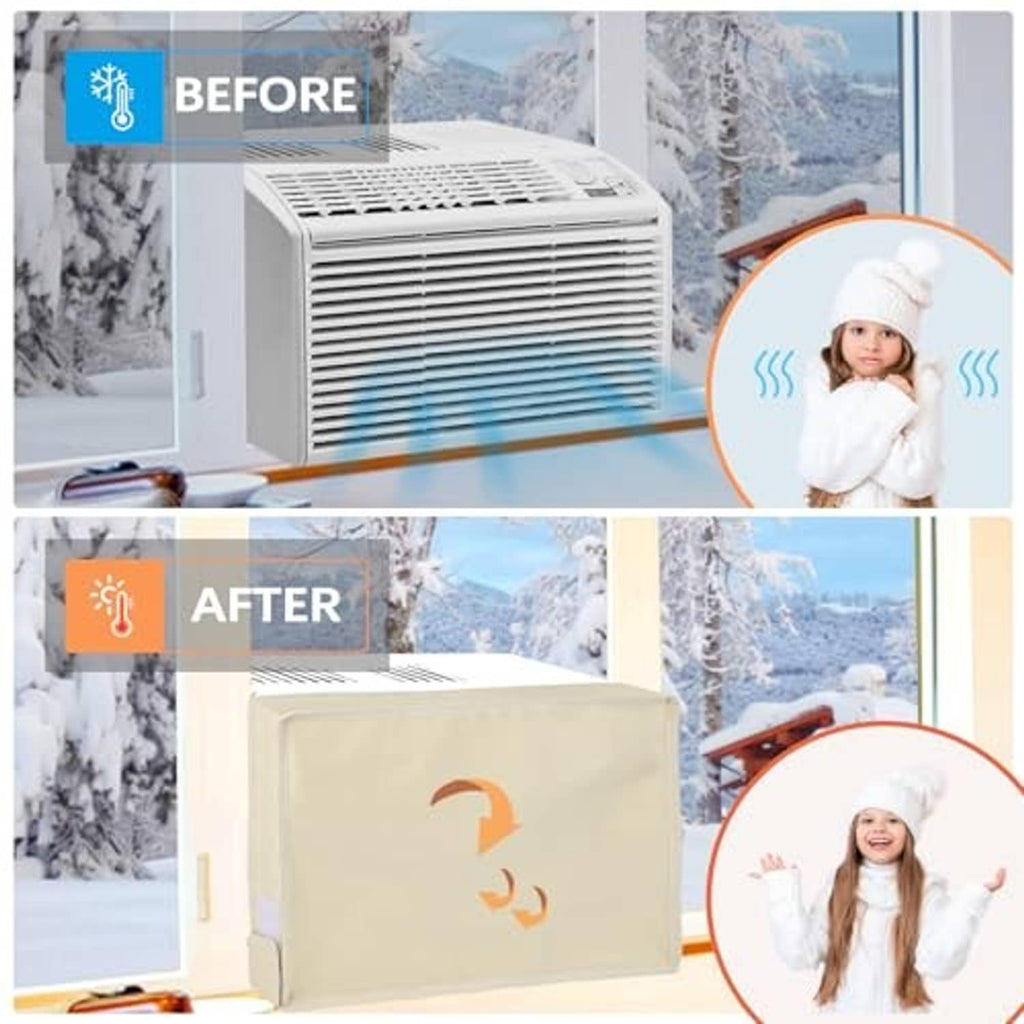 Beige window AC cover covering the unit, with cutouts for airflow and side access