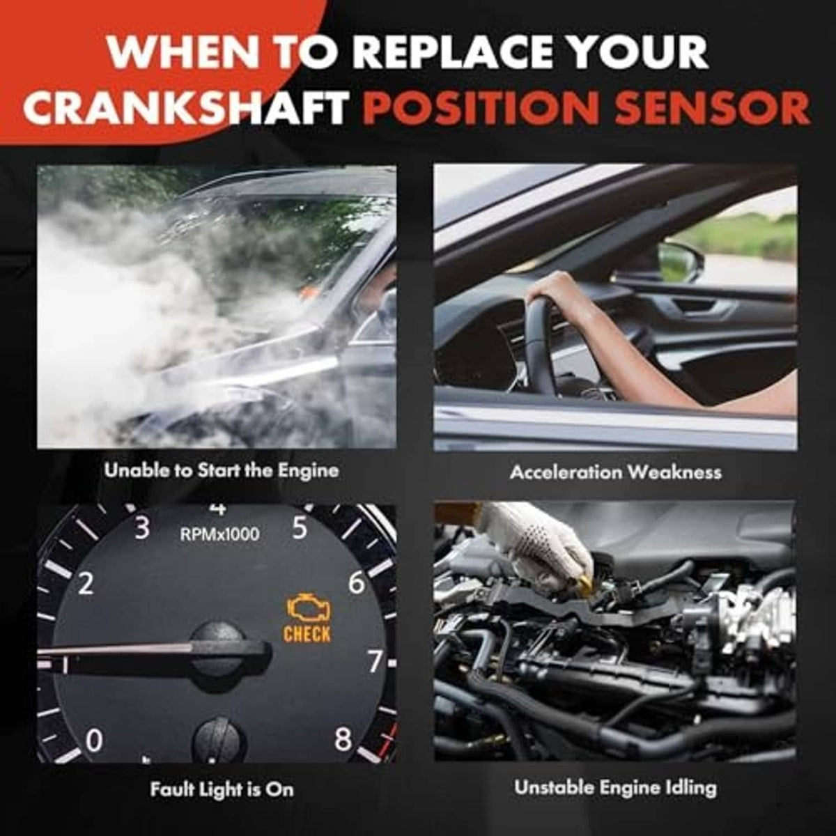 Crankshaft position sensor replacement warning collage with engine and dashboard icons