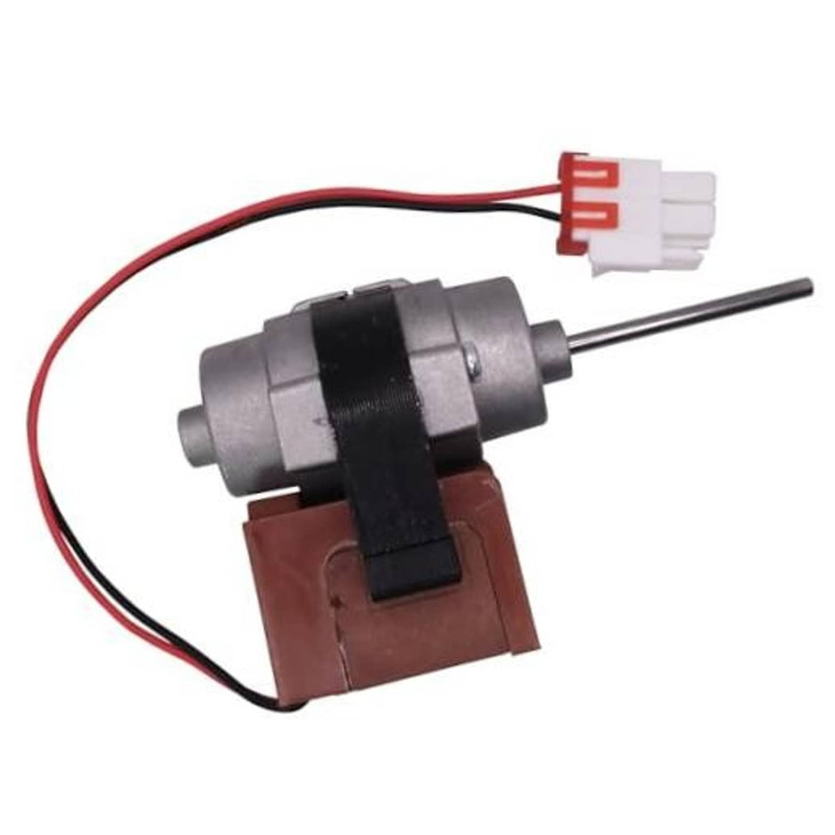 Refrigerator evaporator fan motor, gray cylindrical housing with red wire connector