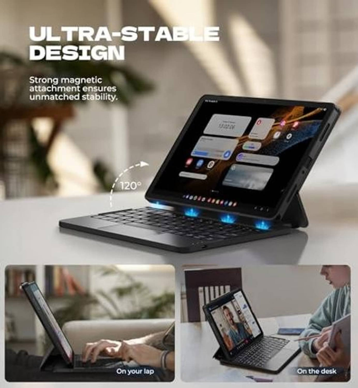 Black keyboard tablet case with adjustable stand, tablet on desk for typing