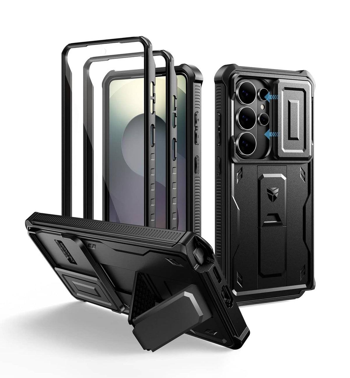 Black rugged Samsung S26 Ultra case with raised camera guard and kickstand