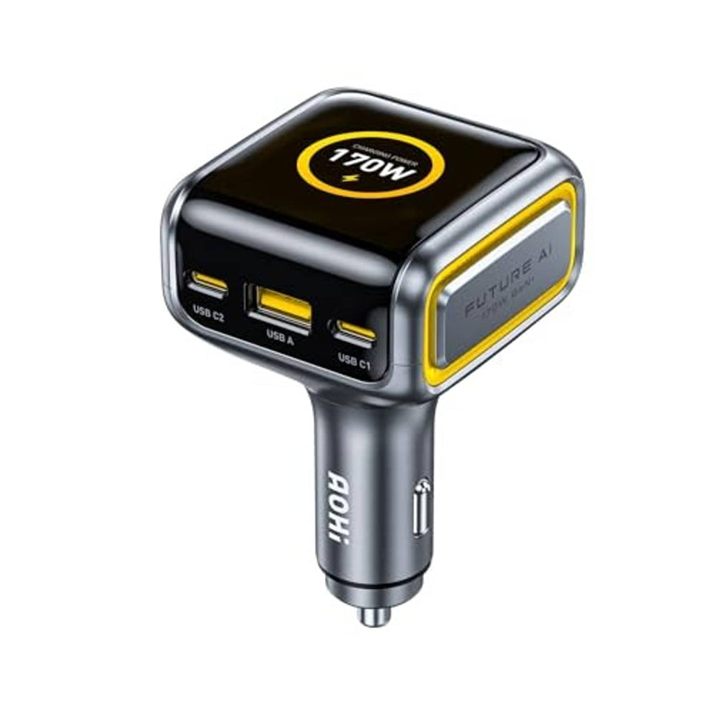 Compact black car charger with yellow-trim edges, TFT display, and USB-A/USB-C ports