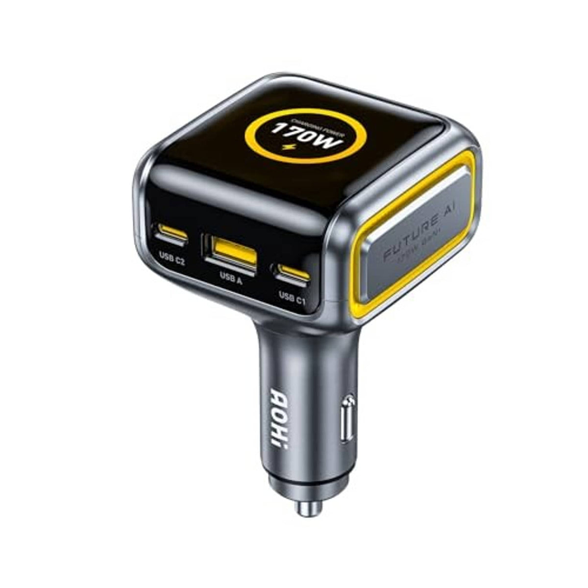 Compact black car charger with yellow-trim edges, TFT display, and USB-A/USB-C ports