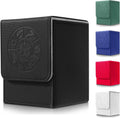 Black card storage deck box with snap-closed style flap and embossed dragon emblem