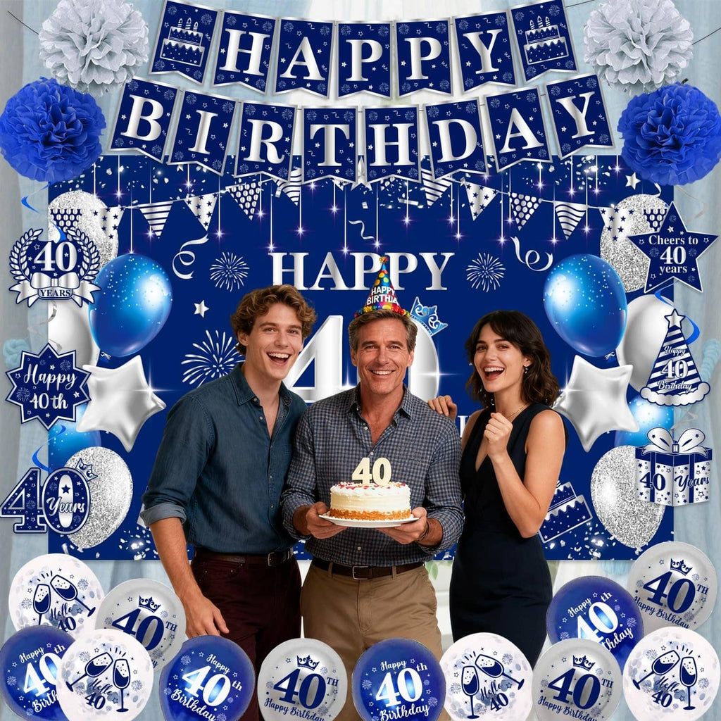 Blue and silver 40th birthday decorations set with banner, balloons, and star cutouts