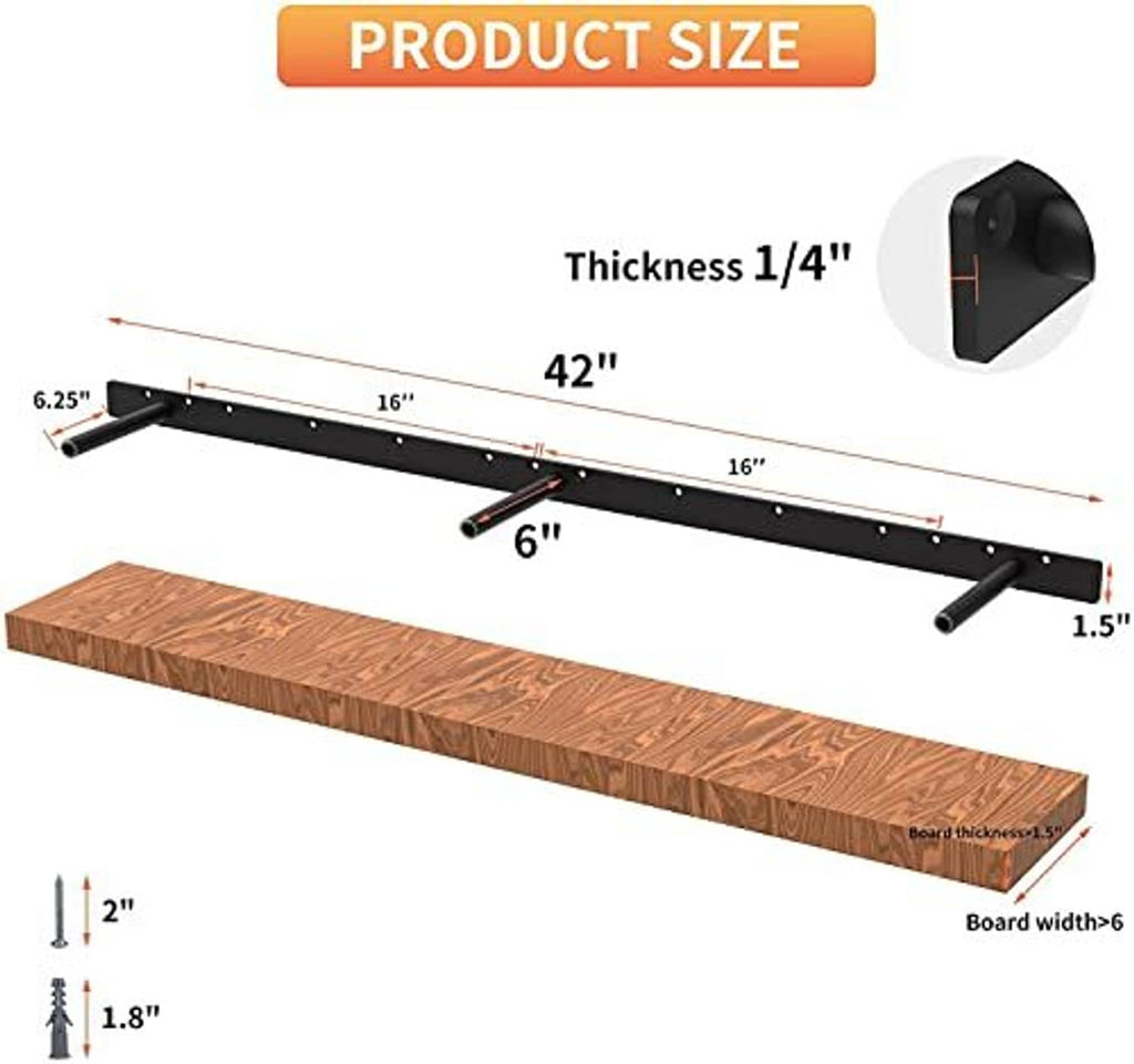 Floating shelf bracket with 43 in mounting size and included screws, shown with wood board