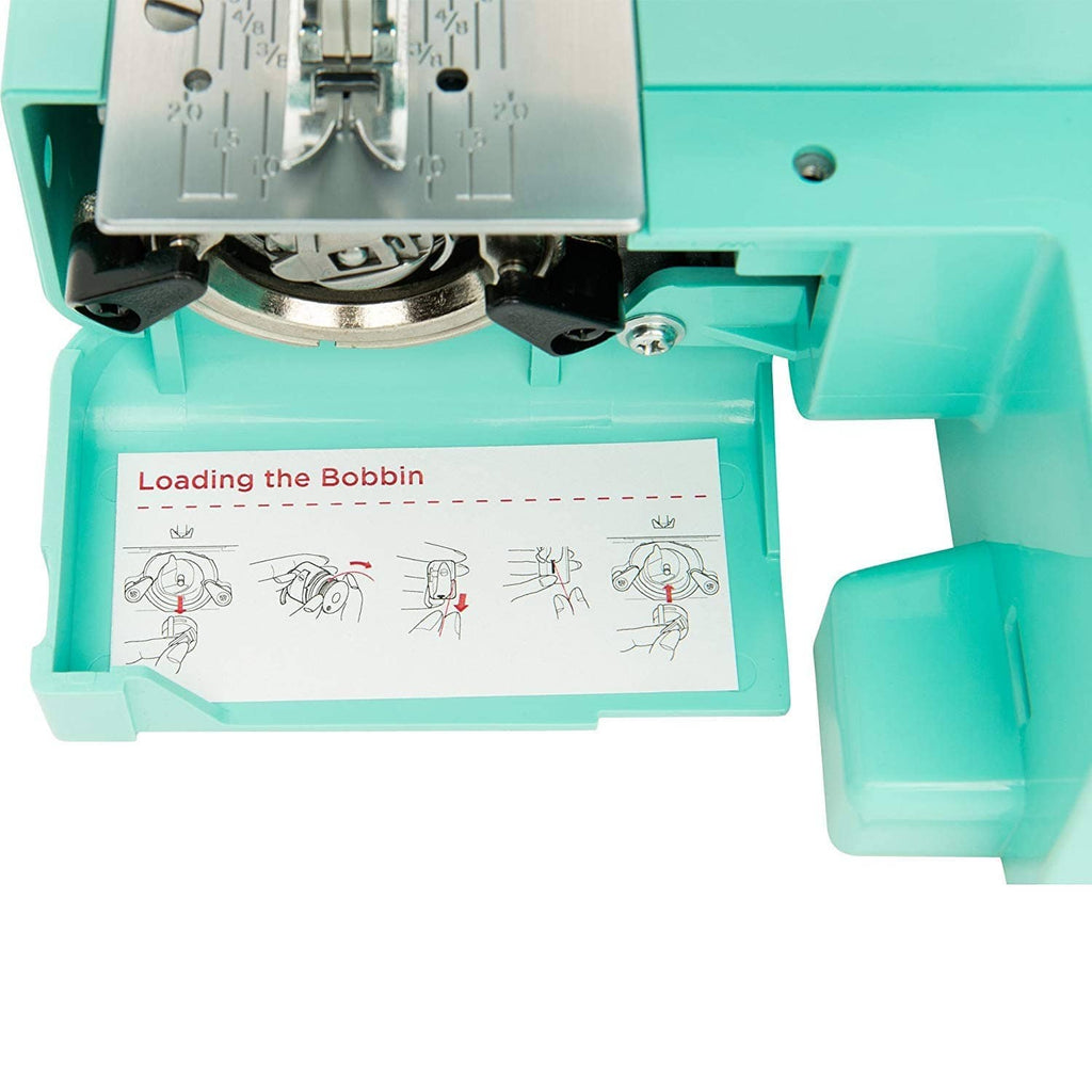 Turquoise bobbin loading compartment with instruction diagram panel