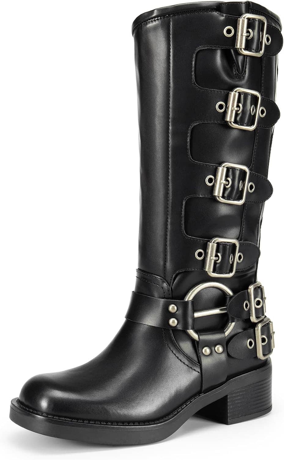 Women's black knee-high motorcycle boots with square toe, chunky heel, buckle straps