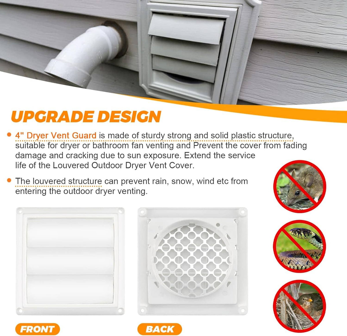 White louvered outdoor dryer vent cover with slatted intake opening