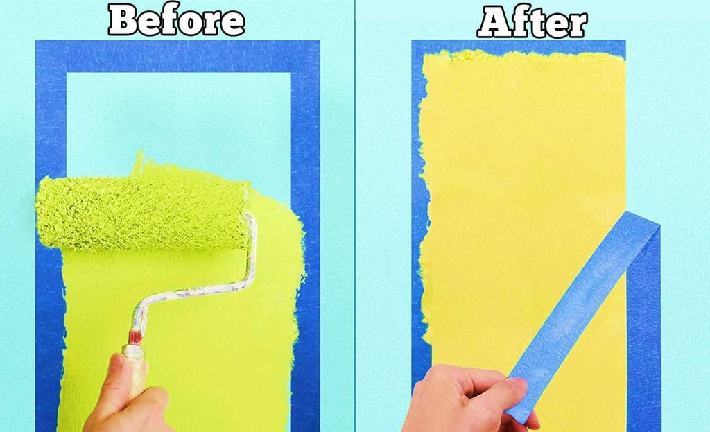 Blue painter's tape masking creates crisp edges between painted wall areas.