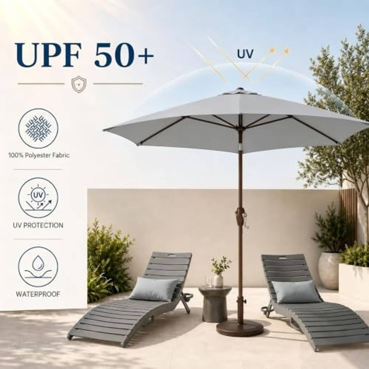 Open light gray patio umbrella with wooden pole in outdoor patio seating area