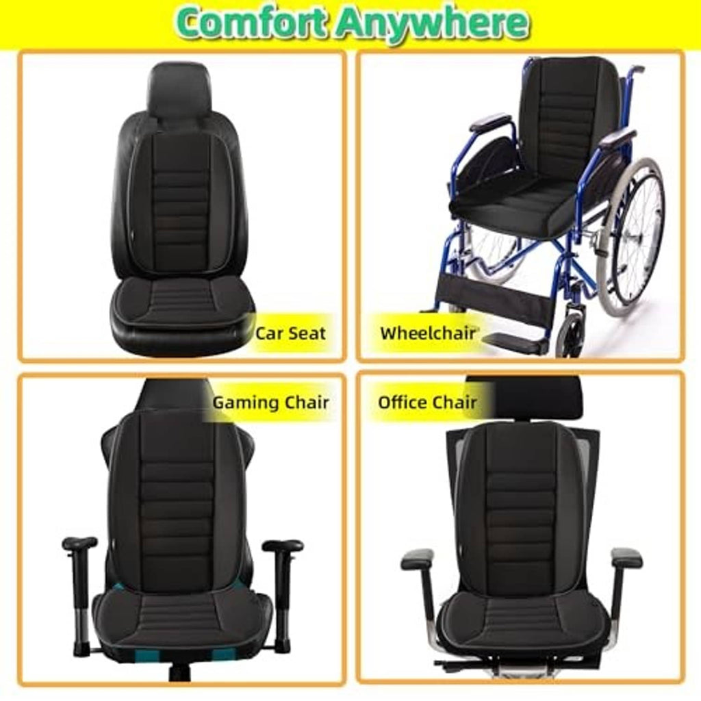 Black car seat cushion with back support pillow shown for multiple chair types