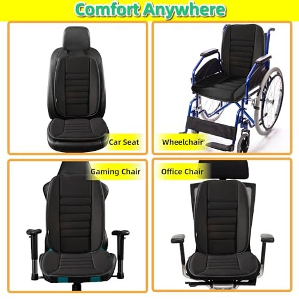 Black car seat cushion with back support pillow shown for multiple chair types