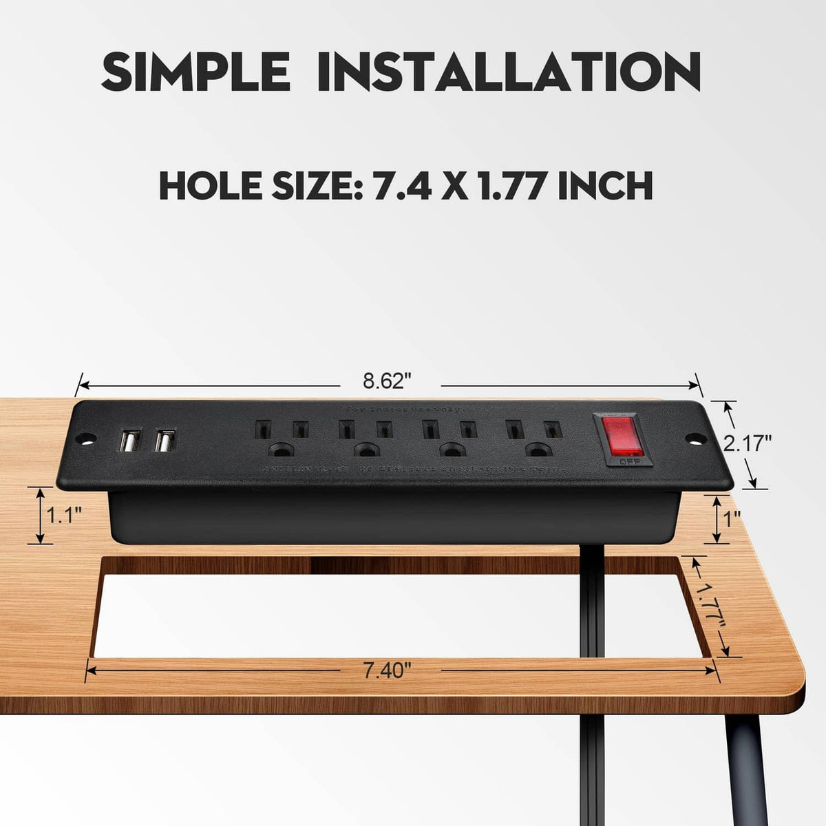 Recessed power strip mounted in countertop with visible installation cutout layout
