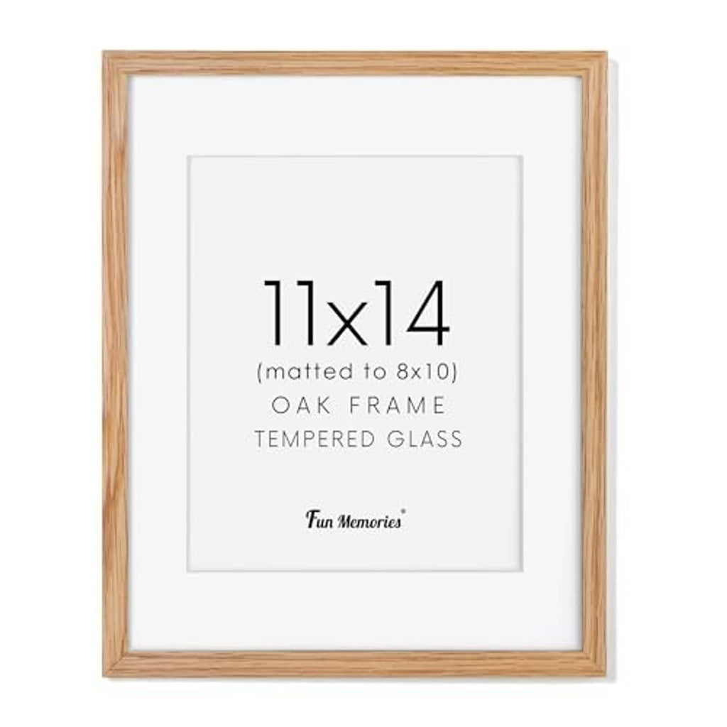 Oak wood 11x14 picture frame with white mat and tempered glass, centered front view