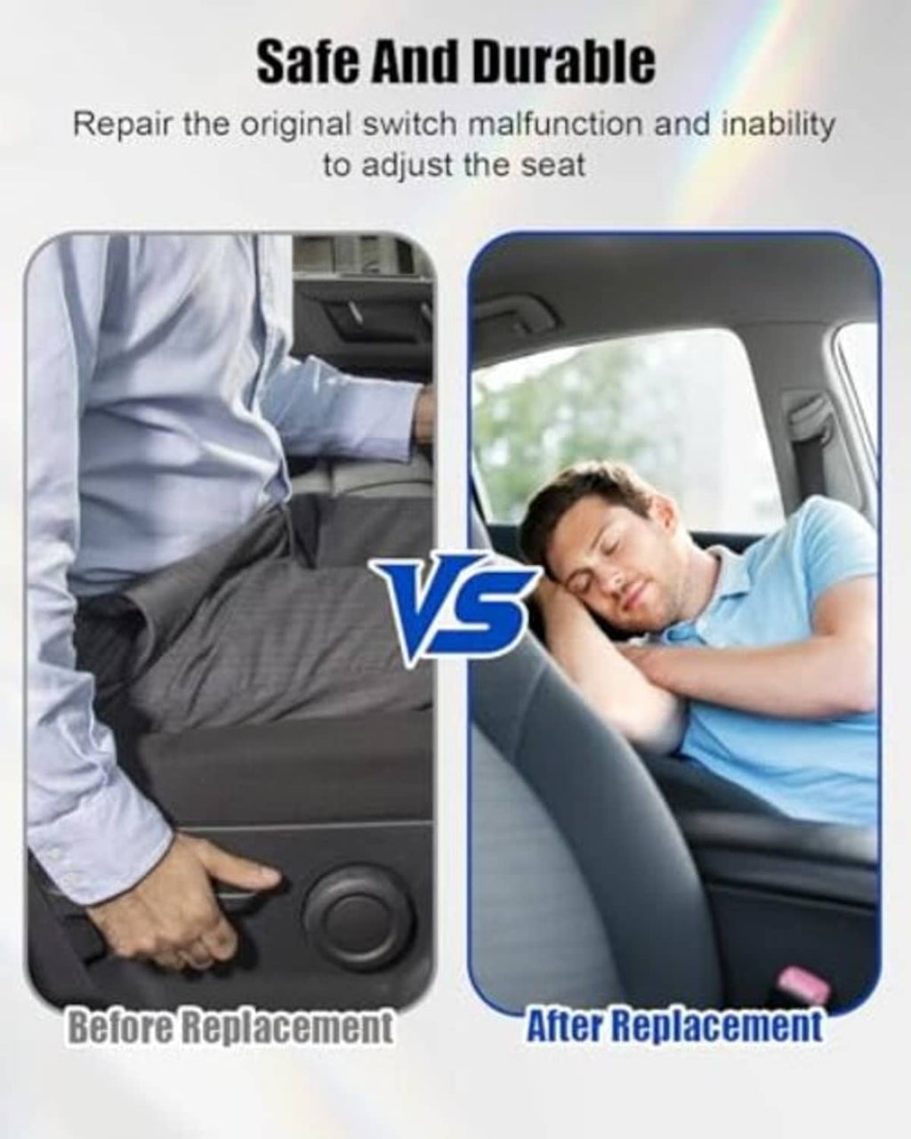 Car seat adjustment switch shown in a before-and-after comparison layout