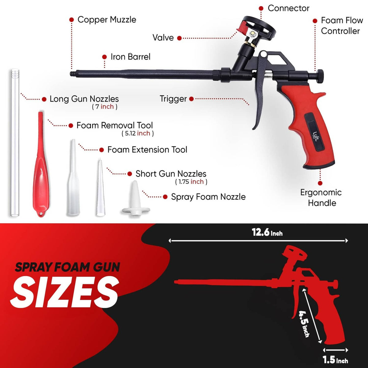 Red-and-black expanding foam spray gun with trigger handle and long barrel