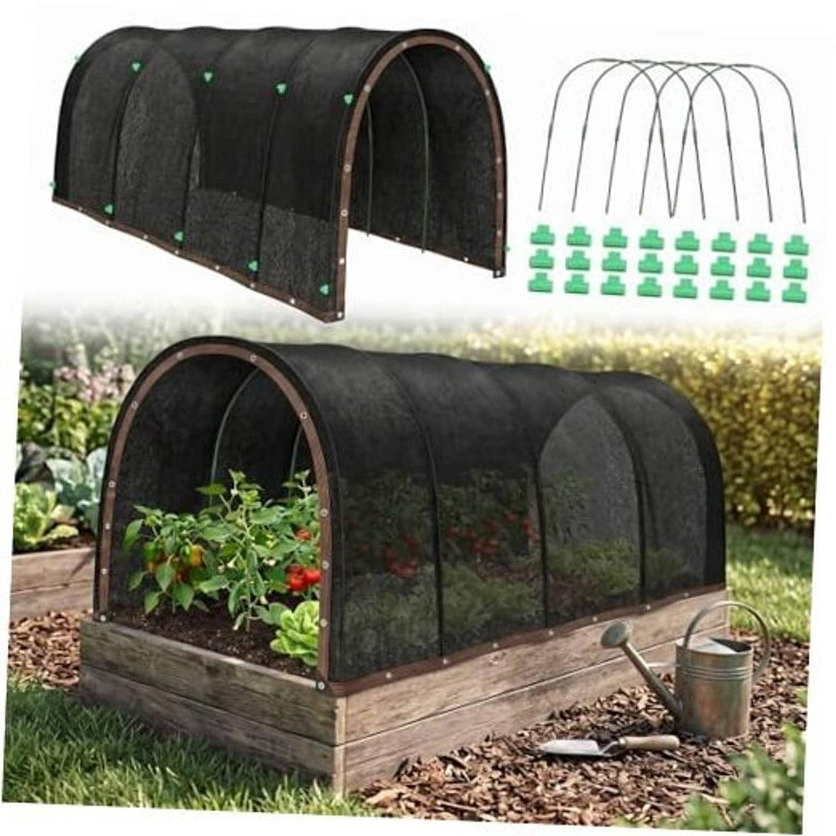 Black arched garden shade tent with hoop frame over planter bed