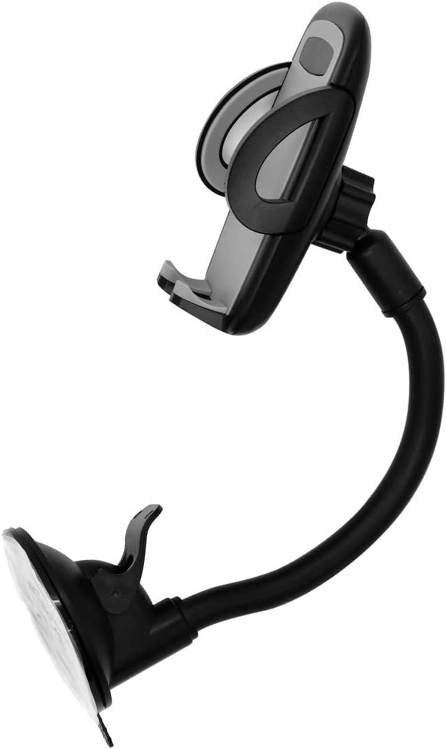 Black suction phone holder with curved gooseneck and smartphone cradle