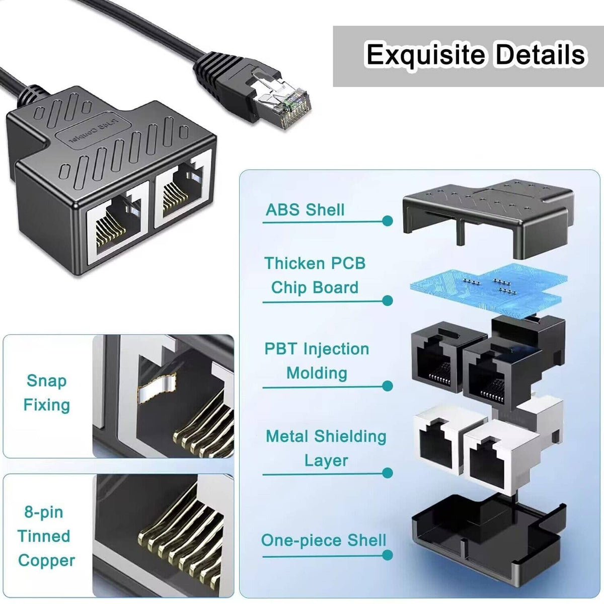 Black RJ45 Ethernet splitter showing two ports and metal-shielded ABS housing