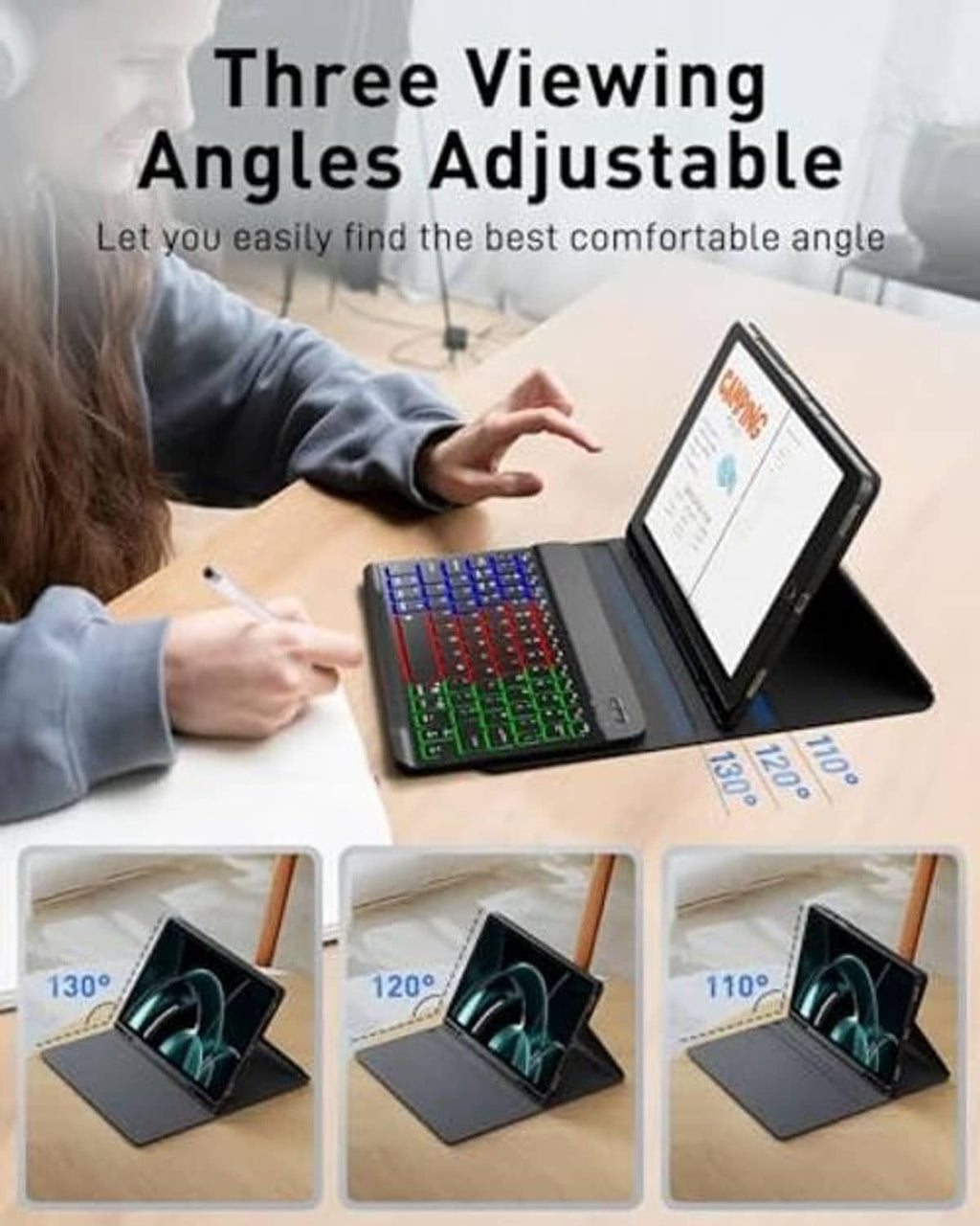 Black keyboard folio case with adjustable viewing angles and backlit keyboard