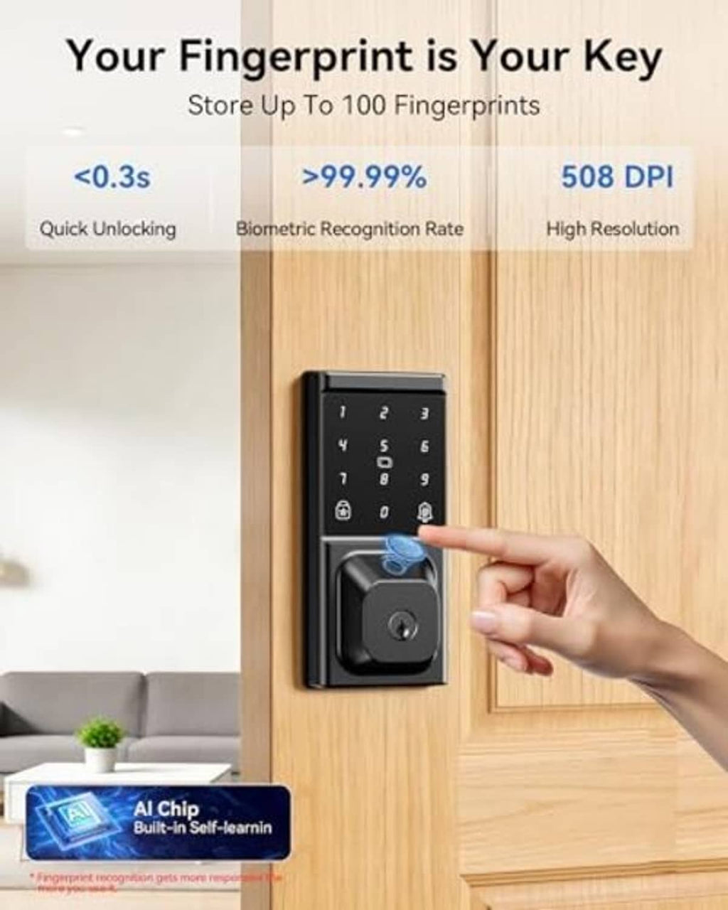 Keyless smart deadbolt lock with keypad and fingerprint reader, finger touch unlocking