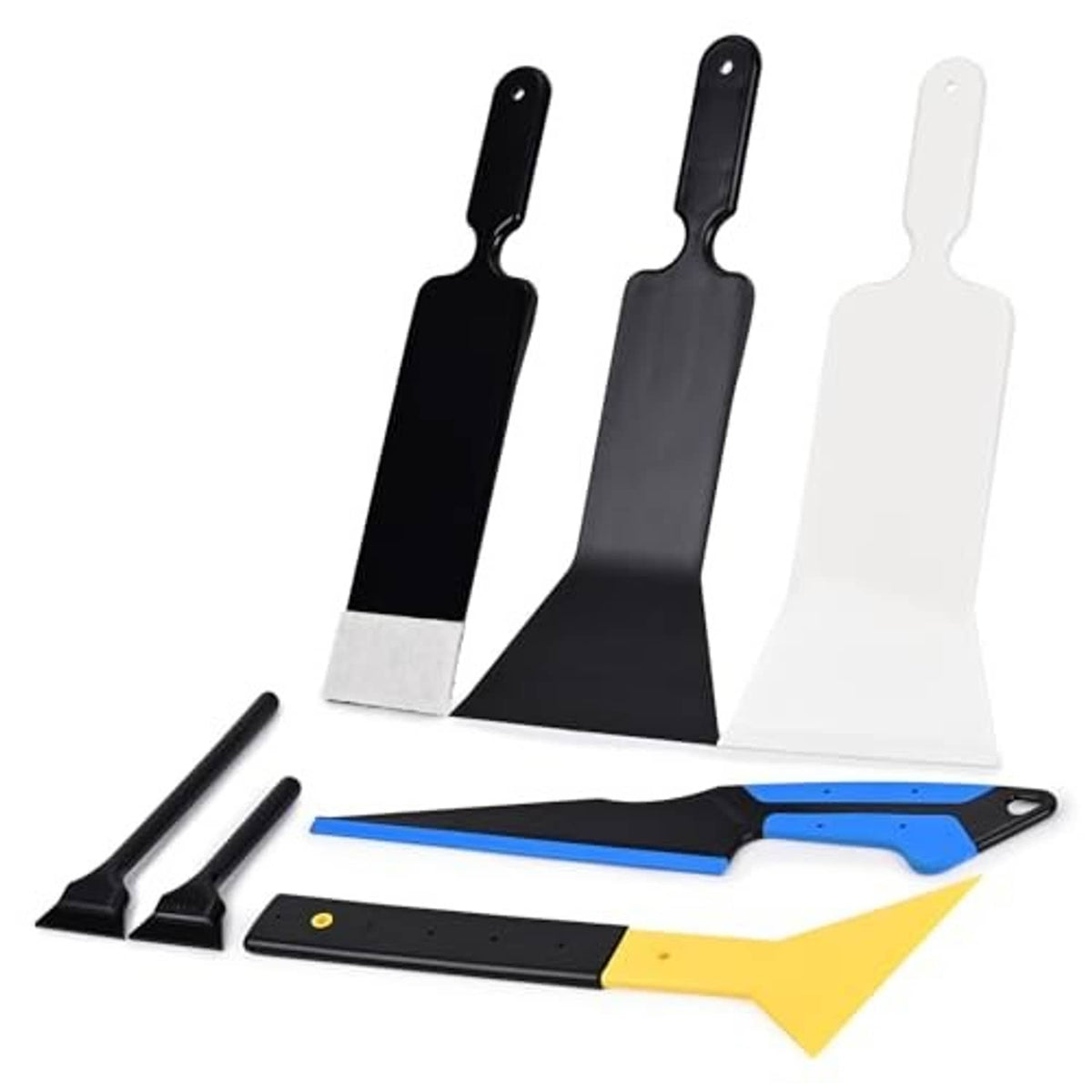 Vinyl wrap tool kit set with multiple window tint squeegees and scrubber blades